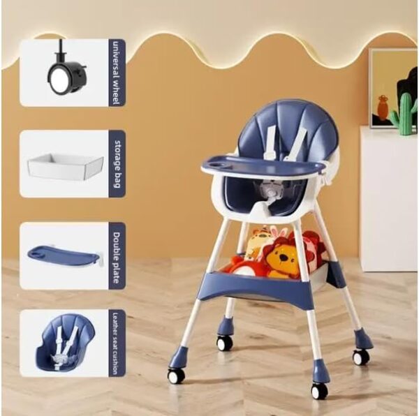Fantastic-Kids-Toys High Chair for Babies 6 Months+, 2-in-1 with Footrest, Detachable Leg Wheel, Detachable Double Tray, Easy Clean Feeding
